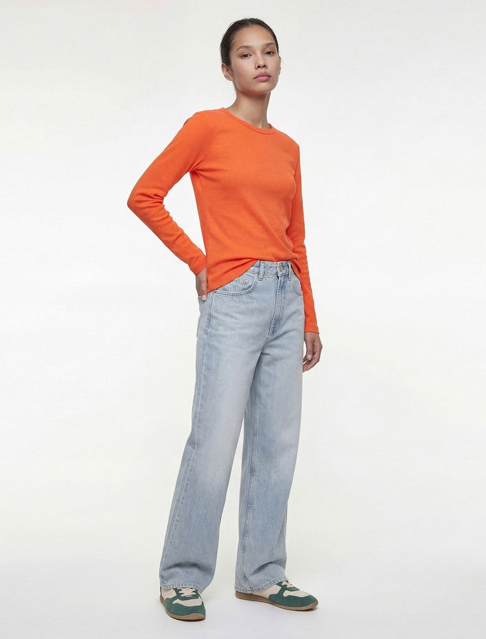  Pamuklu Uzun Kollu Bisiklet Yaka Basic Tişört