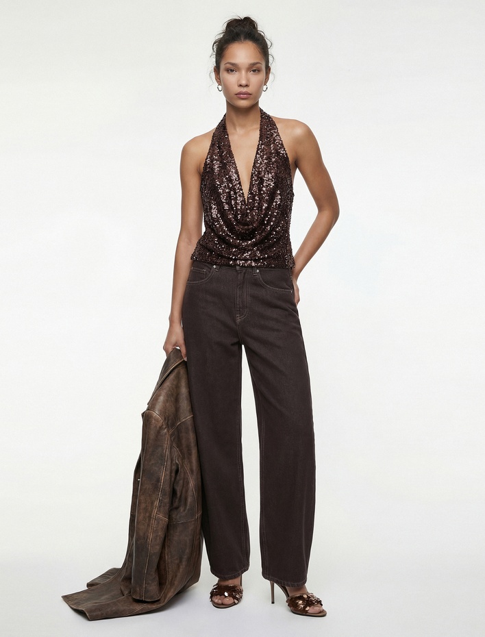  Degaje Halter Yaka Pullu Payetli Crop Bluz