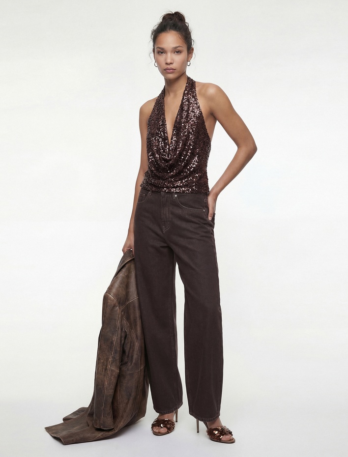  Degaje Halter Yaka Pullu Payetli Crop Bluz