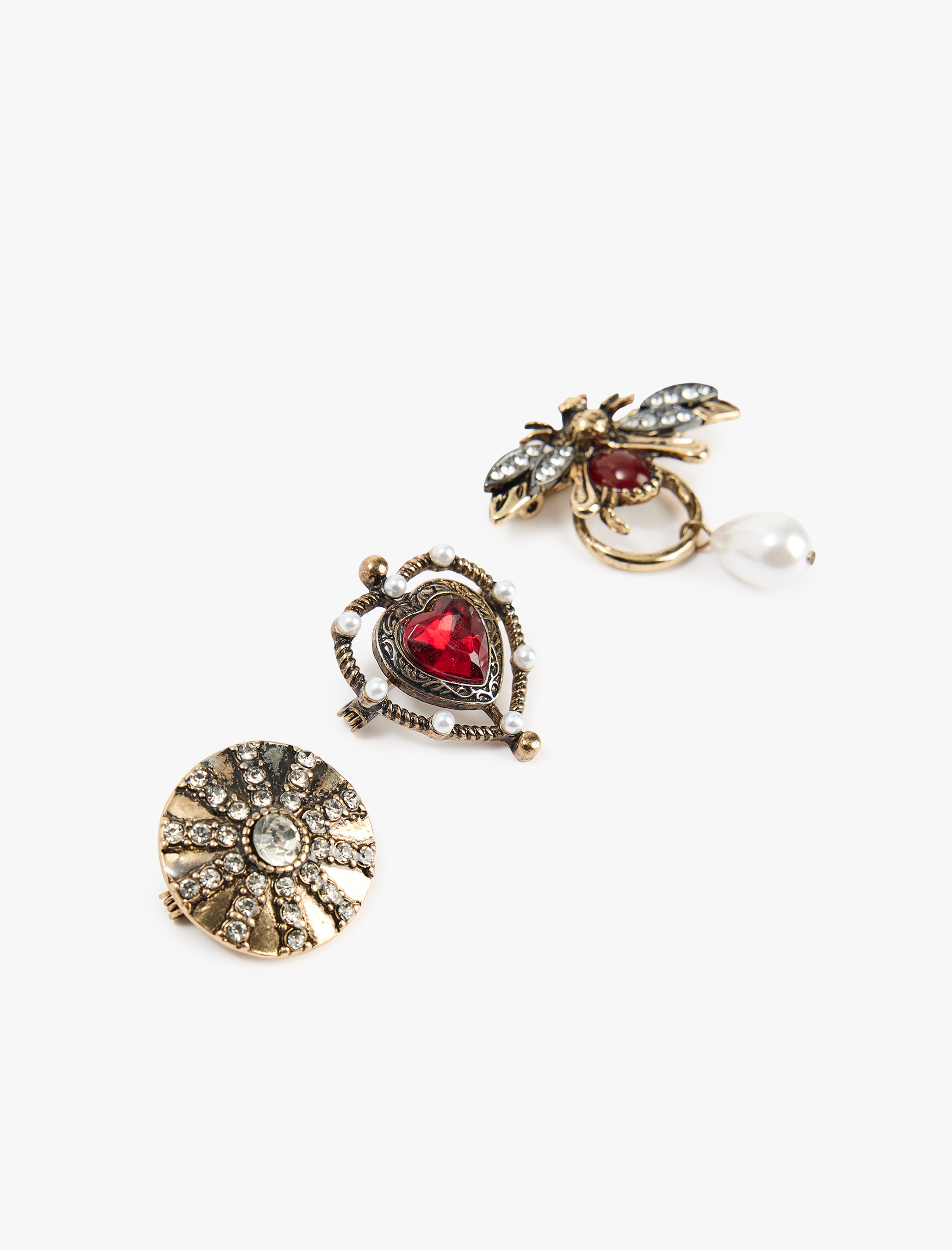  Kadın Kalpli Taşlı İnci Detaylı 3'lü Broş Seti - Koton X Melis Ağazat