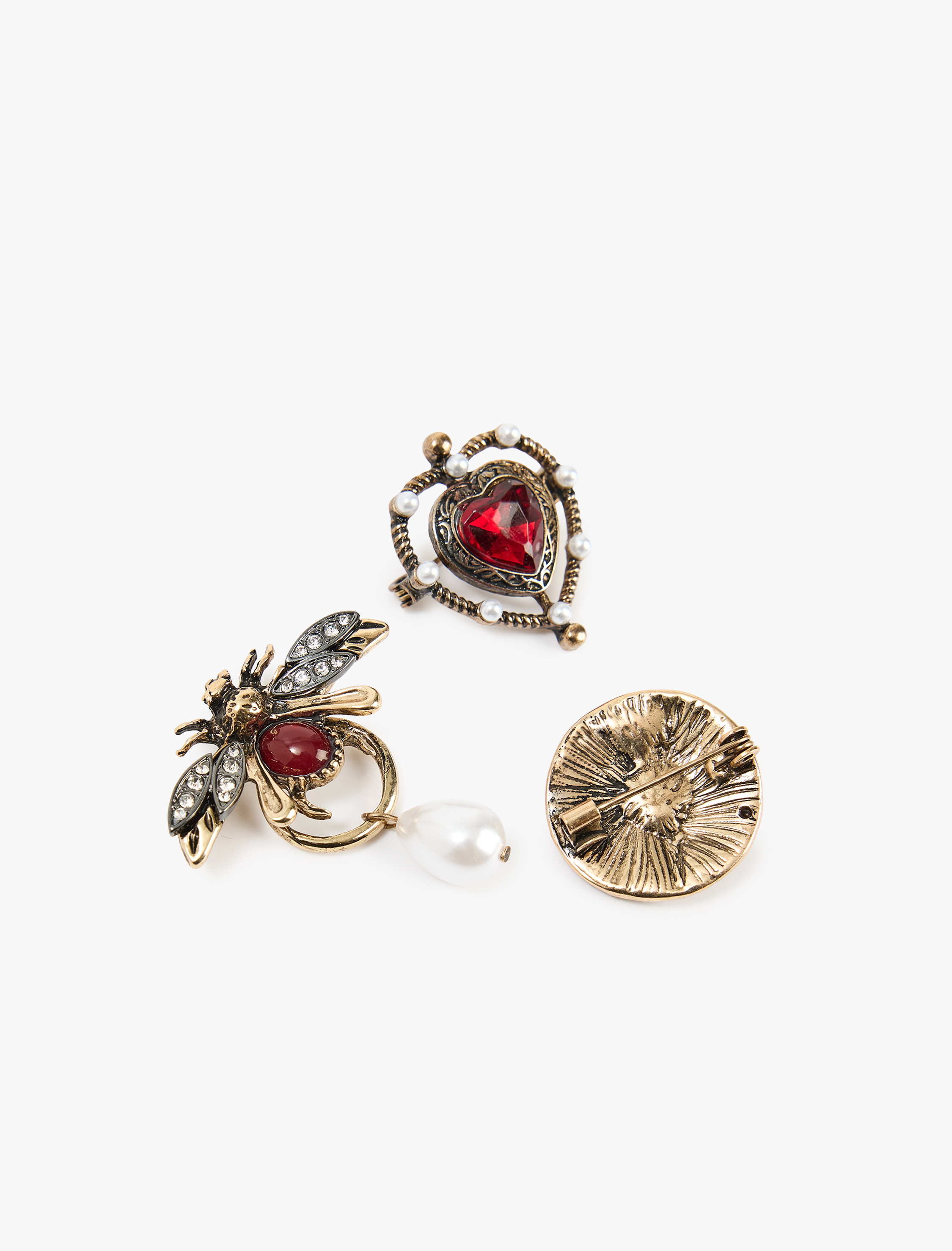  Kadın Kalpli Taşlı İnci Detaylı 3'lü Broş Seti - Koton X Melis Ağazat