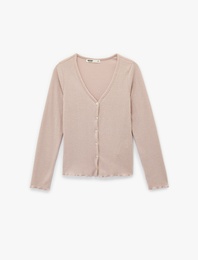 V Yaka Uzun Kollu Düğmeli Triko Pijama Üstü