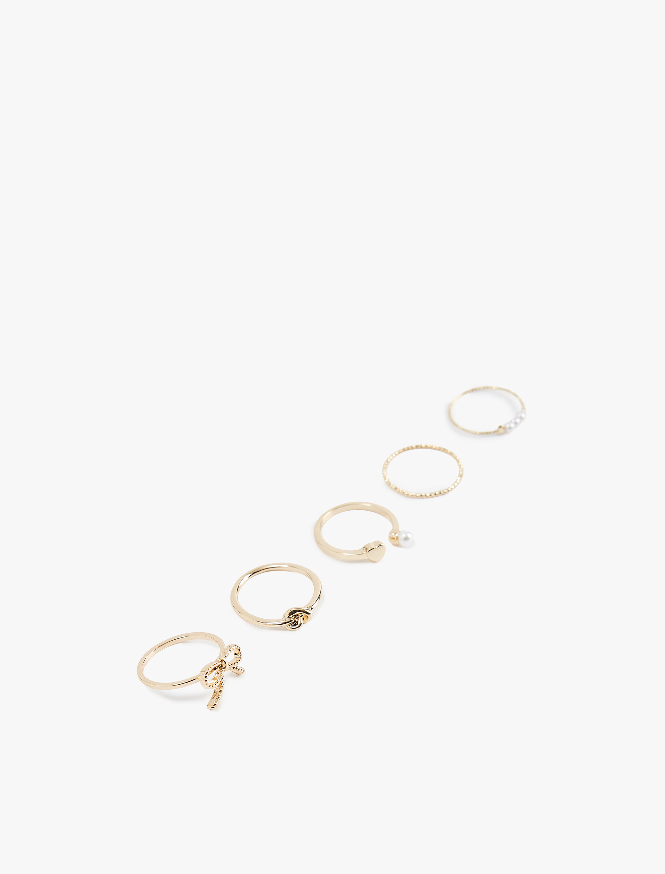  Kadın Fiyonklu İnci Detaylı Burgu 5'li Yüzük Seti