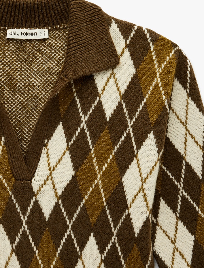  Polo Yaka Baklava Desenli Triko Kazak