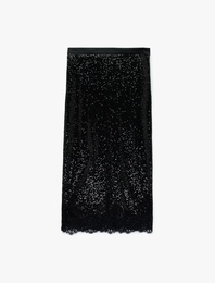 Pullu Payetli A Kesim Dantel Detaylı Midi Abiye Etek