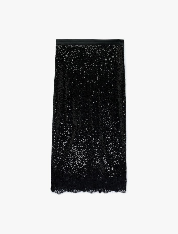  Pullu Payetli A Kesim Dantel Detaylı Midi Abiye Etek