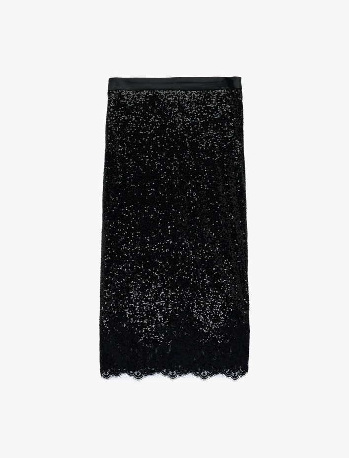  Pullu Payetli A Kesim Dantel Detaylı Midi Abiye Etek