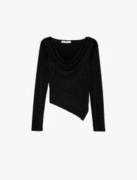 Pamuklu Slim Fit Kayık Yaka Drapeli Uzun Kollu Tişört