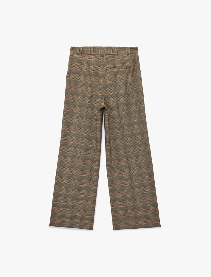  Cep Detaylı Yüksek Bel Ekoseli Palazzo Pantolon