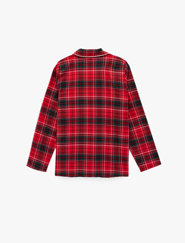  Pamuklu Uzun Kollu Gömlek Yaka Yılbaşı Desenli Ekoseli  Pijama Üstü