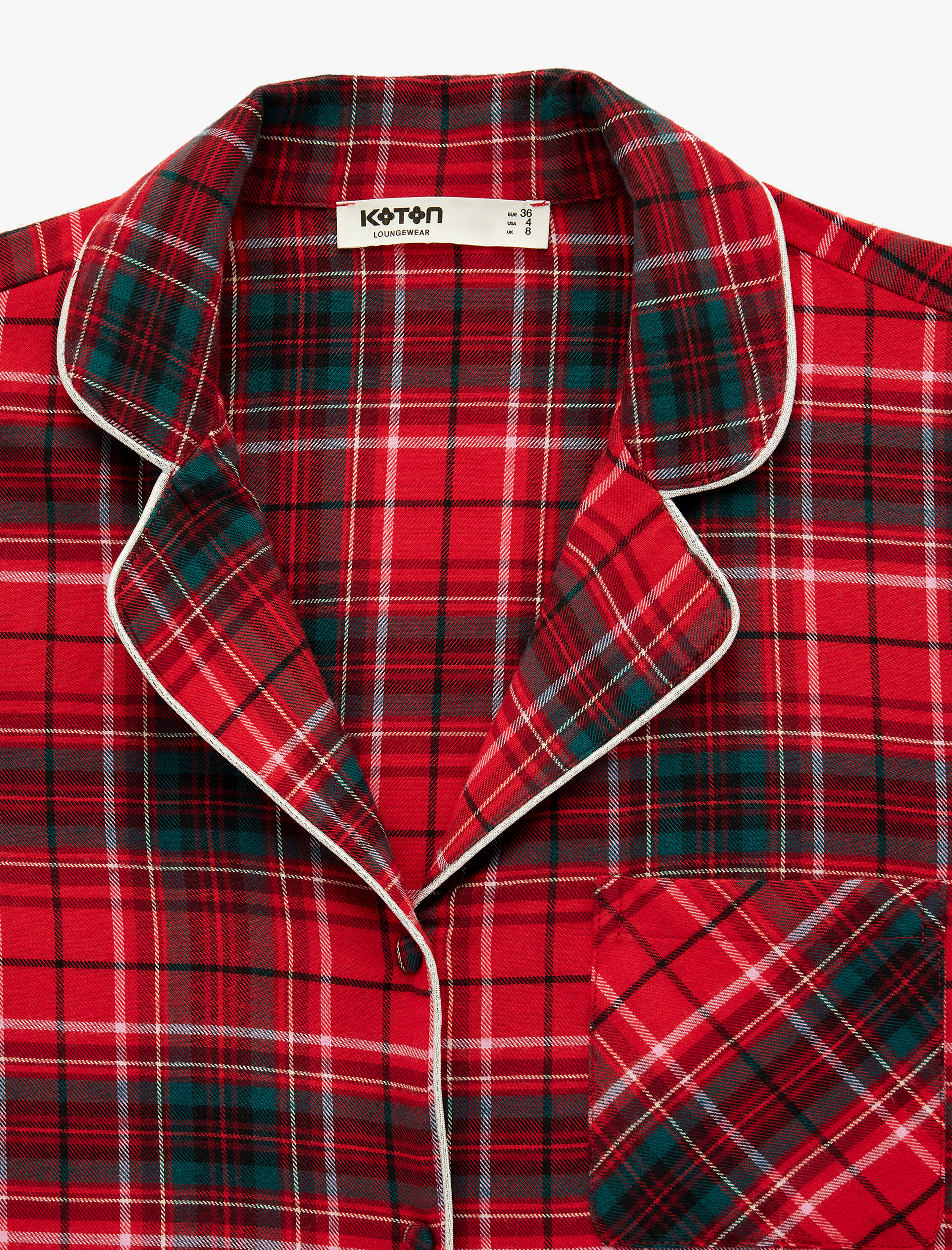   Pamuklu Uzun Kollu Gömlek Yaka Yılbaşı Desenli Ekoseli  Pijama Üstü