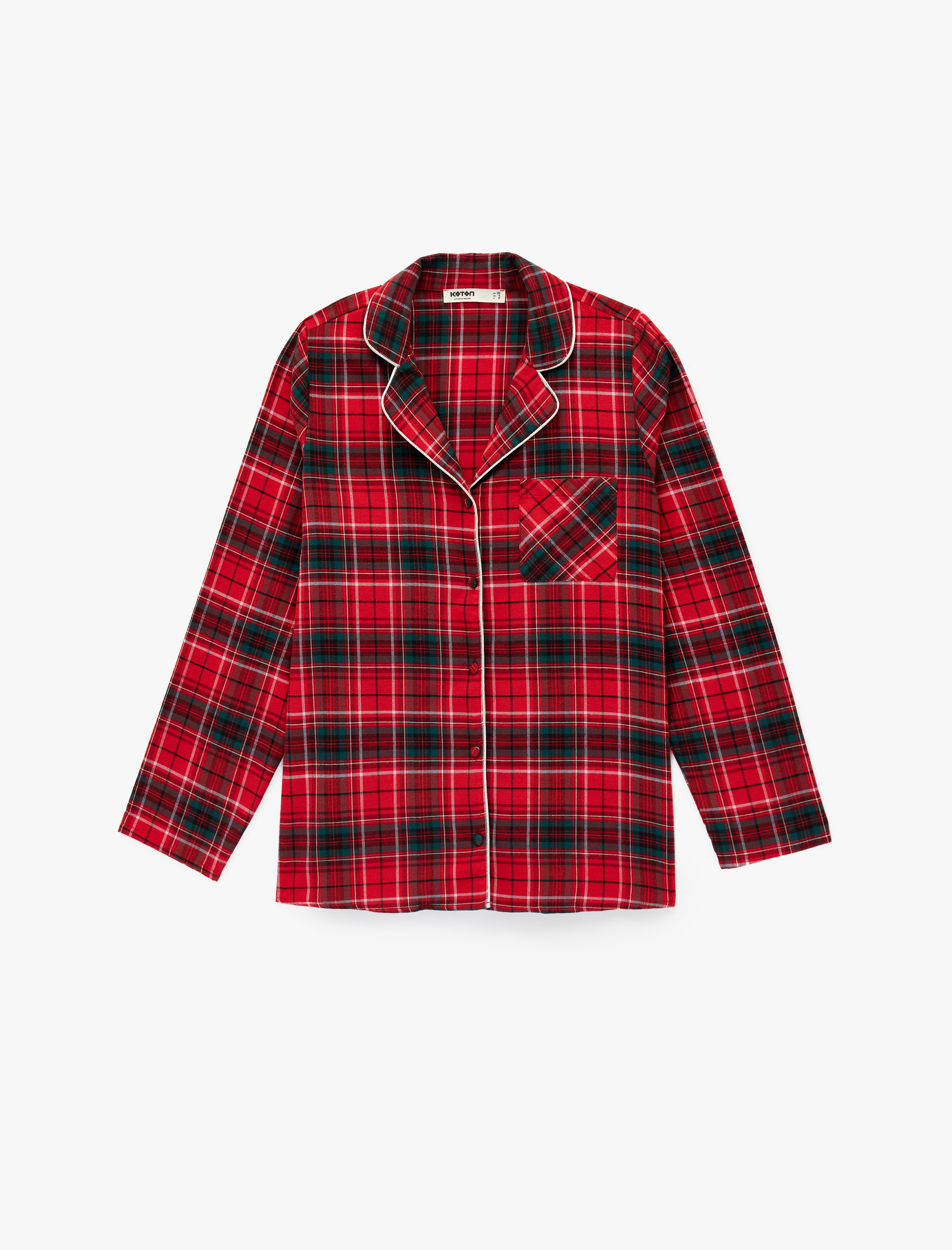   Pamuklu Uzun Kollu Gömlek Yaka Yılbaşı Desenli Ekoseli  Pijama Üstü