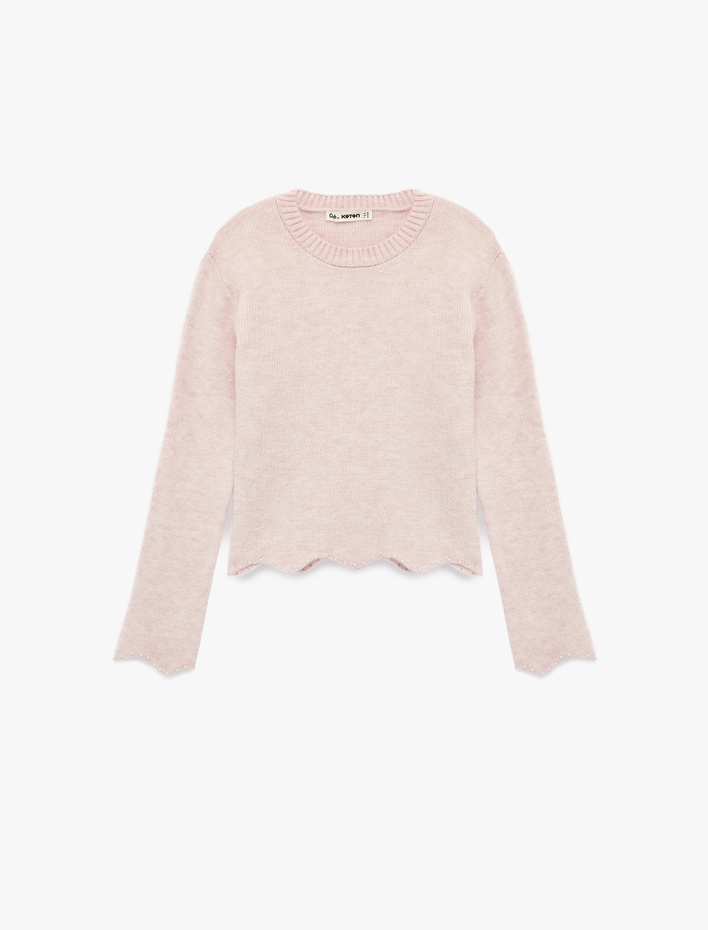  Bisiklet Yaka İnci Detaylı Zikzak Kesim Uzun Kollu Triko Kazak