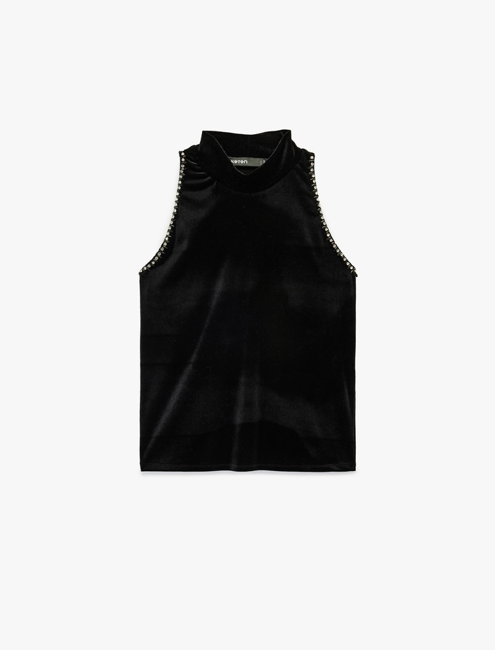  Kolsuz Dik Halter Yaka Taşlı Kadife Bluz