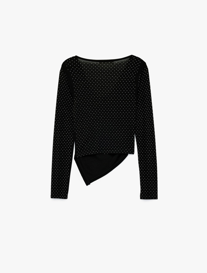  Pamuklu Slim Fit Kayık Yaka Drapeli Uzun Kollu Tişört