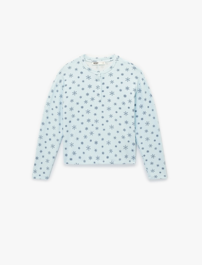  Bisiklet Yaka Rahat Kalıp Uzun Kollu Desenli Viskon Pijama Üstü