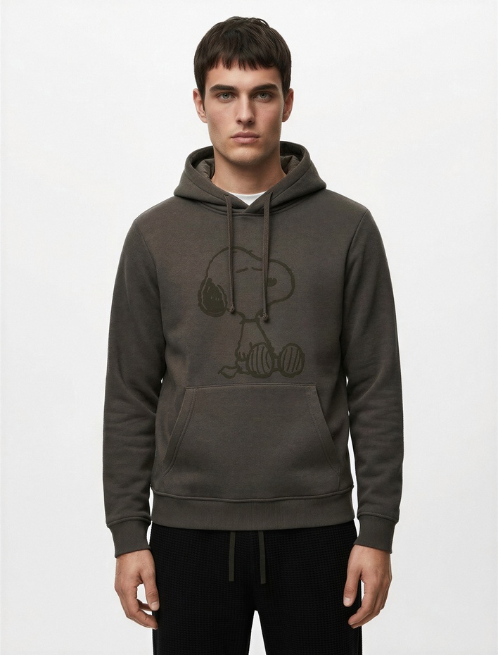  Uzun Kollu Kapşonlu Kanguru Cepli Şardonlu Lisanslı Snoopy Baskılı Sweatshirt