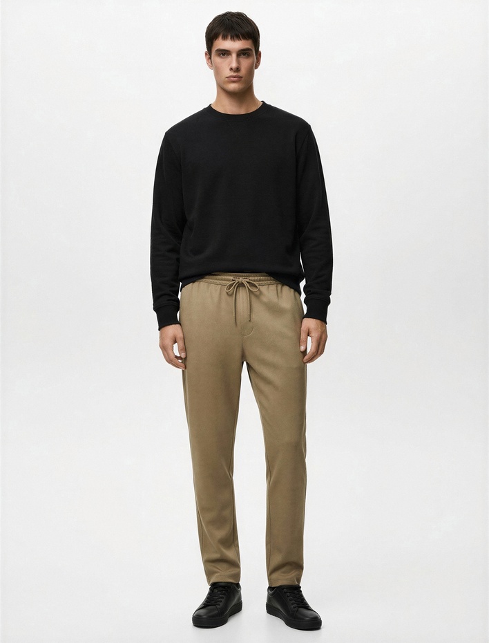  Viskon Karışımlı Cep Detaylı Rahat Kesim Beli Bağcıklı Pantolon