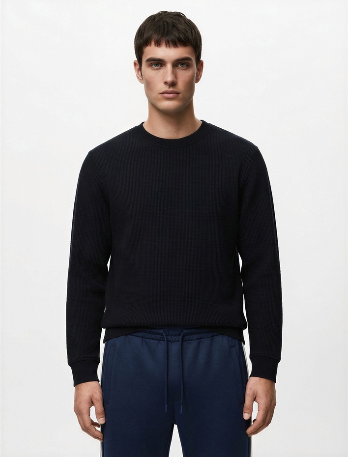  Regular Fit Uzun Kollu Dokulu Basic Bisiklet Yaka Sweatshirt