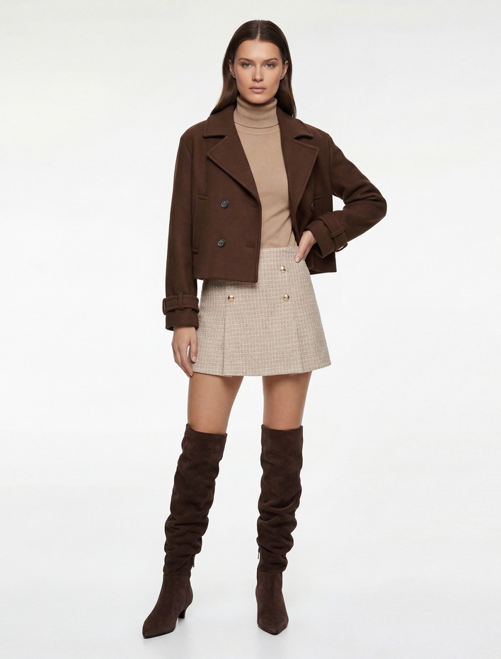  Uzun Kollu Cepli Düğmeli Kruvaze Kısa Kaşe Kaban