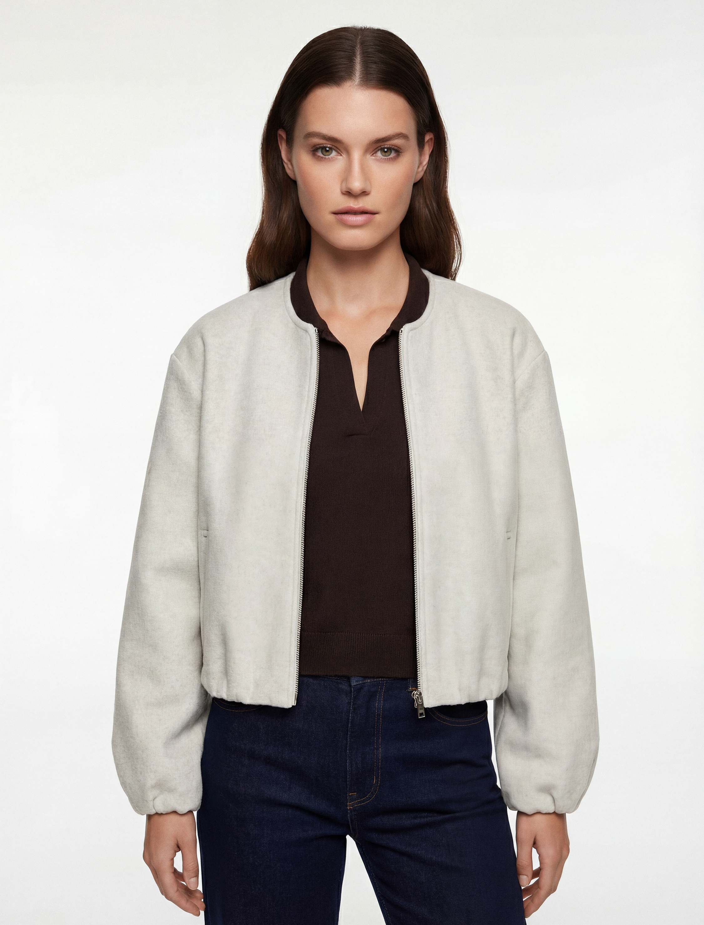   Kaşe Bomber Ceket Crop Bisiklet Yaka Fermuarlı Cepli Uzun Kollu