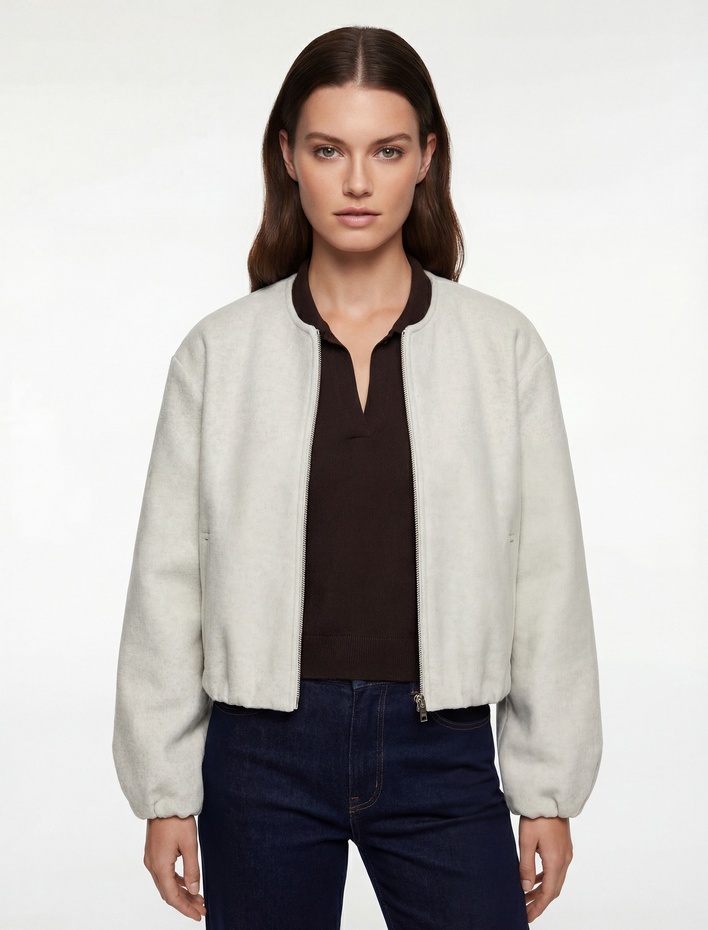  Kaşe Bomber Ceket Crop Bisiklet Yaka Fermuarlı Cepli Uzun Kollu