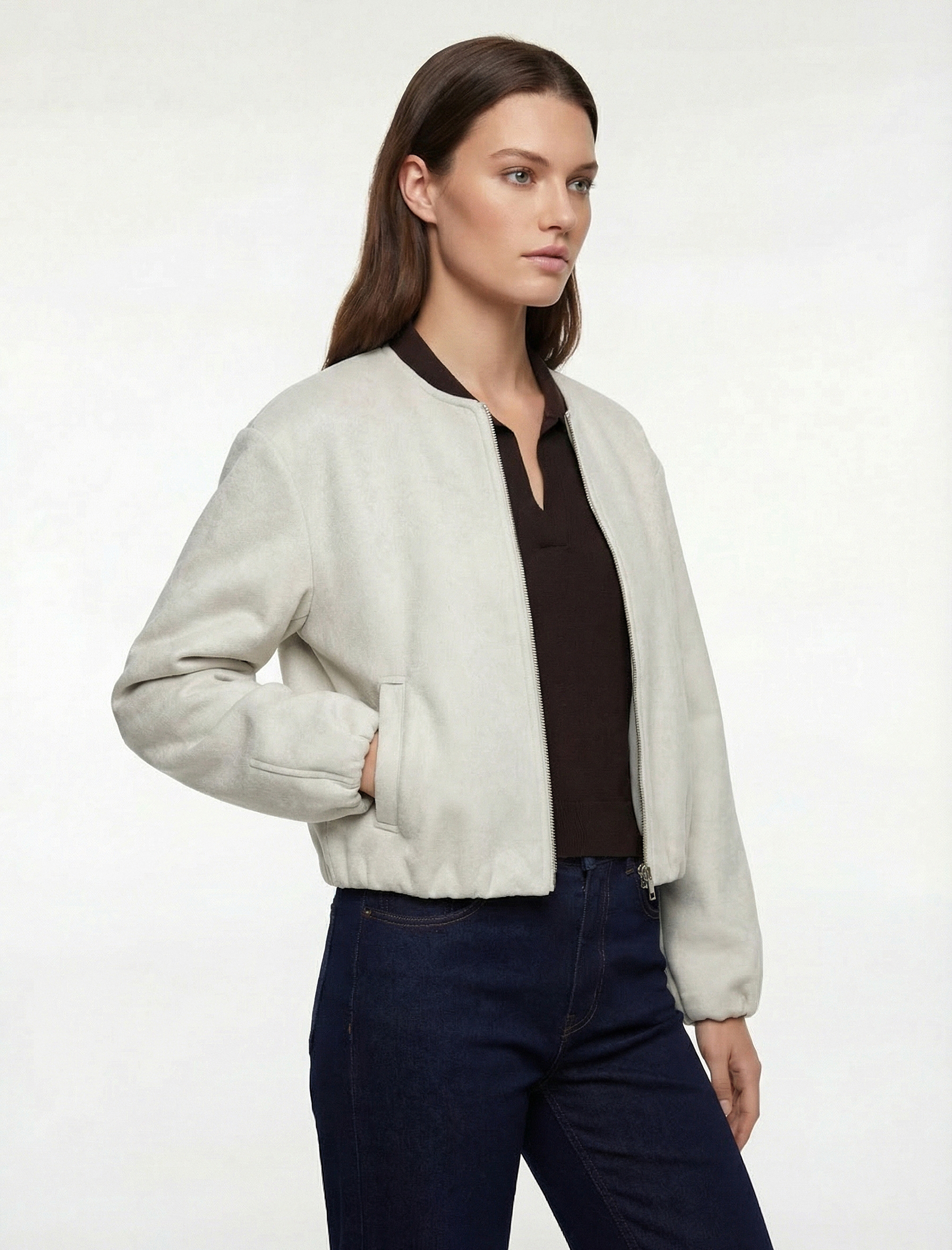   Kaşe Bomber Ceket Crop Bisiklet Yaka Fermuarlı Cepli Uzun Kollu