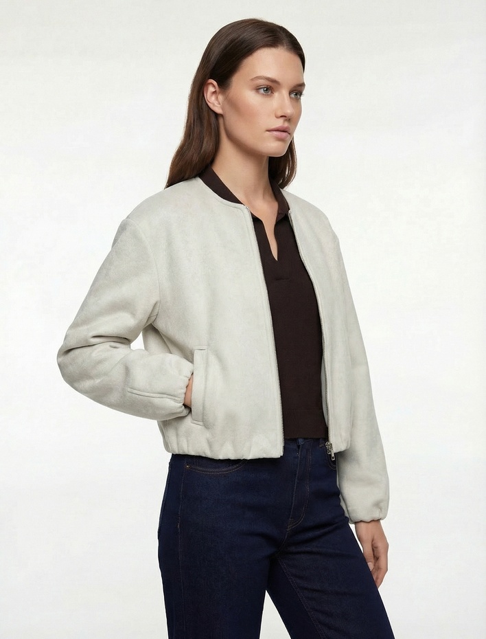  Kaşe Bomber Ceket Crop Bisiklet Yaka Fermuarlı Cepli Uzun Kollu