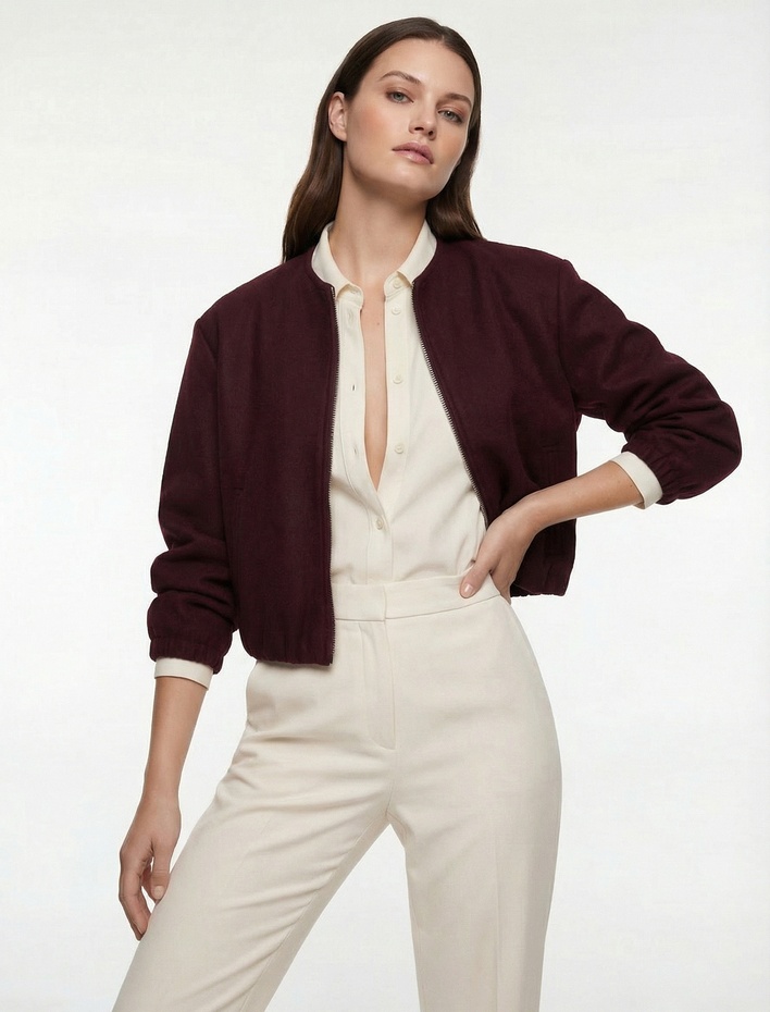  Kaşe Bomber Ceket Crop Bisiklet Yaka Fermuarlı Cepli Uzun Kollu