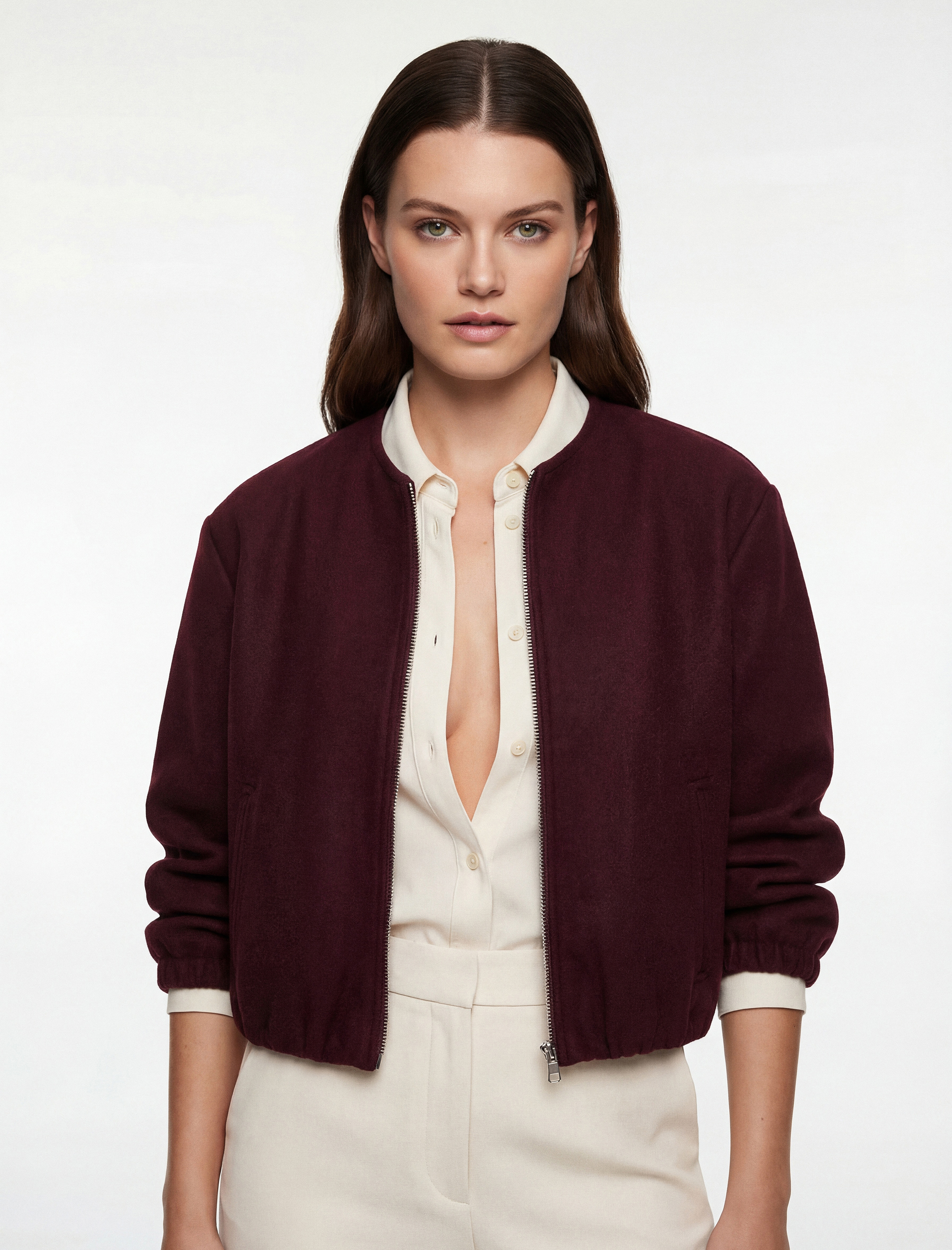   Kaşe Bomber Ceket Crop Bisiklet Yaka Fermuarlı Cepli Uzun Kollu