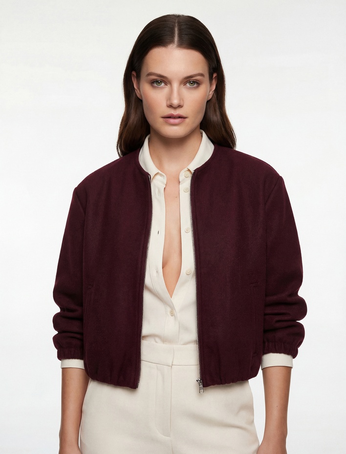  Kaşe Bomber Ceket Crop Bisiklet Yaka Fermuarlı Cepli Uzun Kollu