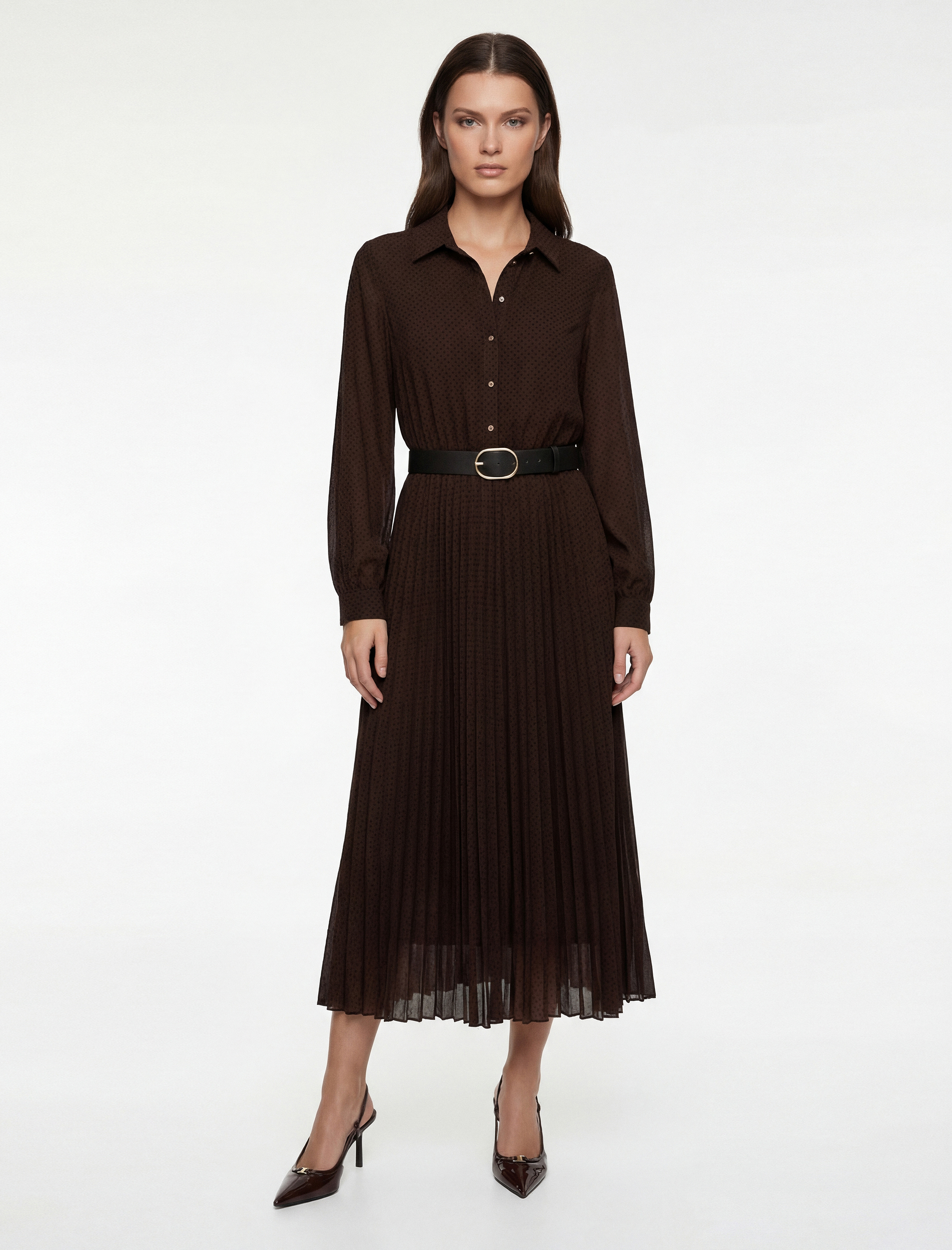   Düğmeli Kemer Detaylı Uzun Kollu Midi Gömlek Elbise