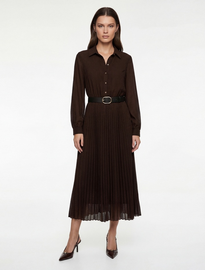  Düğmeli Kemer Detaylı Uzun Kollu Midi Gömlek Elbise