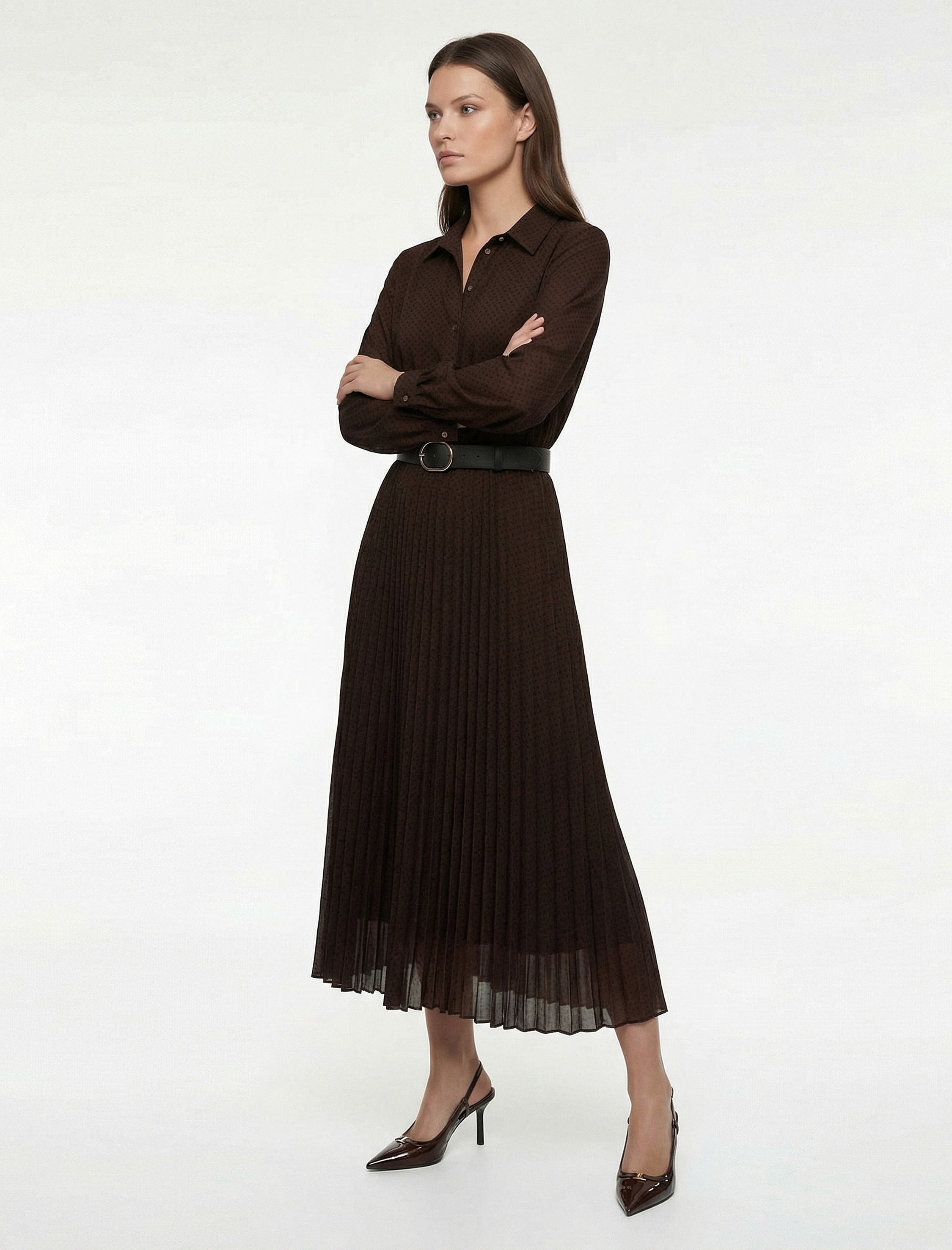   Düğmeli Kemer Detaylı Uzun Kollu Midi Gömlek Elbise