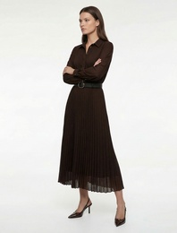 Düğmeli Kemer Detaylı Uzun Kollu Midi Gömlek Elbise