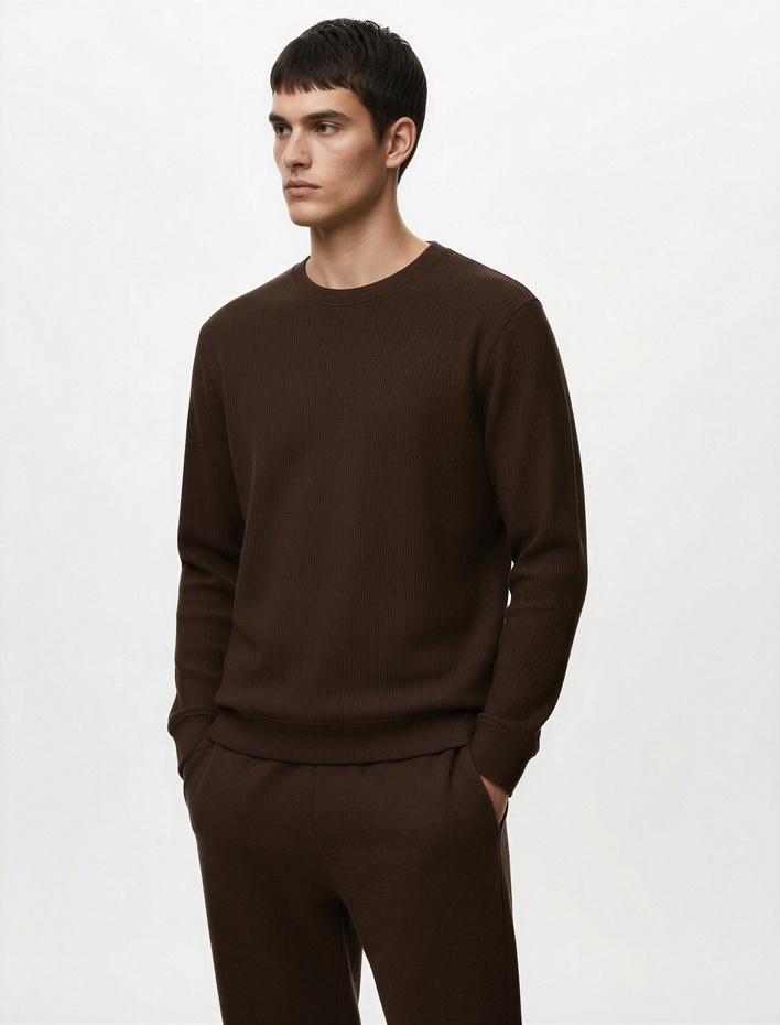  Regular Fit Uzun Kollu Dokulu Basic Bisiklet Yaka Sweatshirt