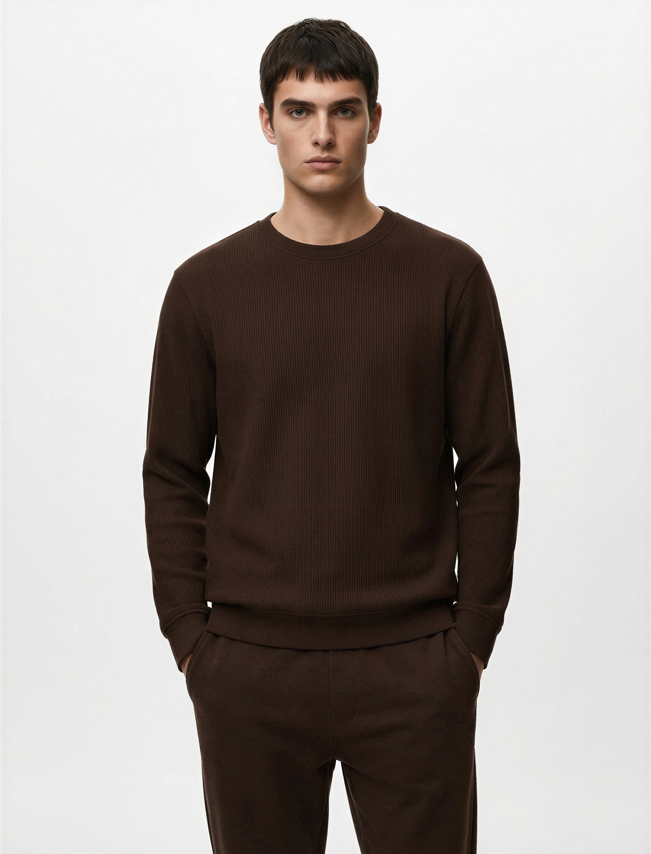   Regular Fit Uzun Kollu Dokulu Basic Bisiklet Yaka Sweatshirt