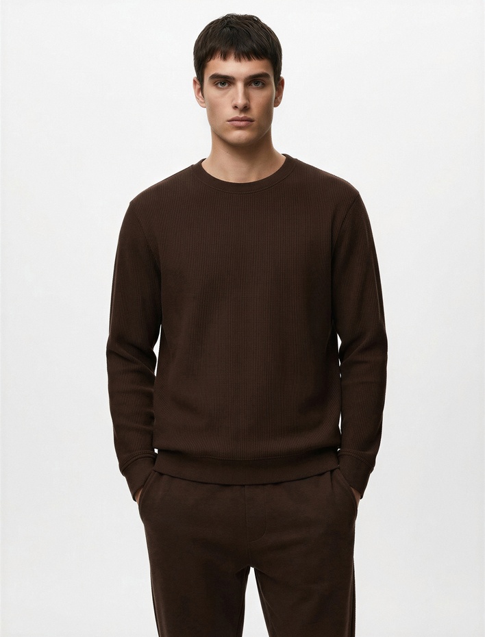  Regular Fit Uzun Kollu Dokulu Basic Bisiklet Yaka Sweatshirt