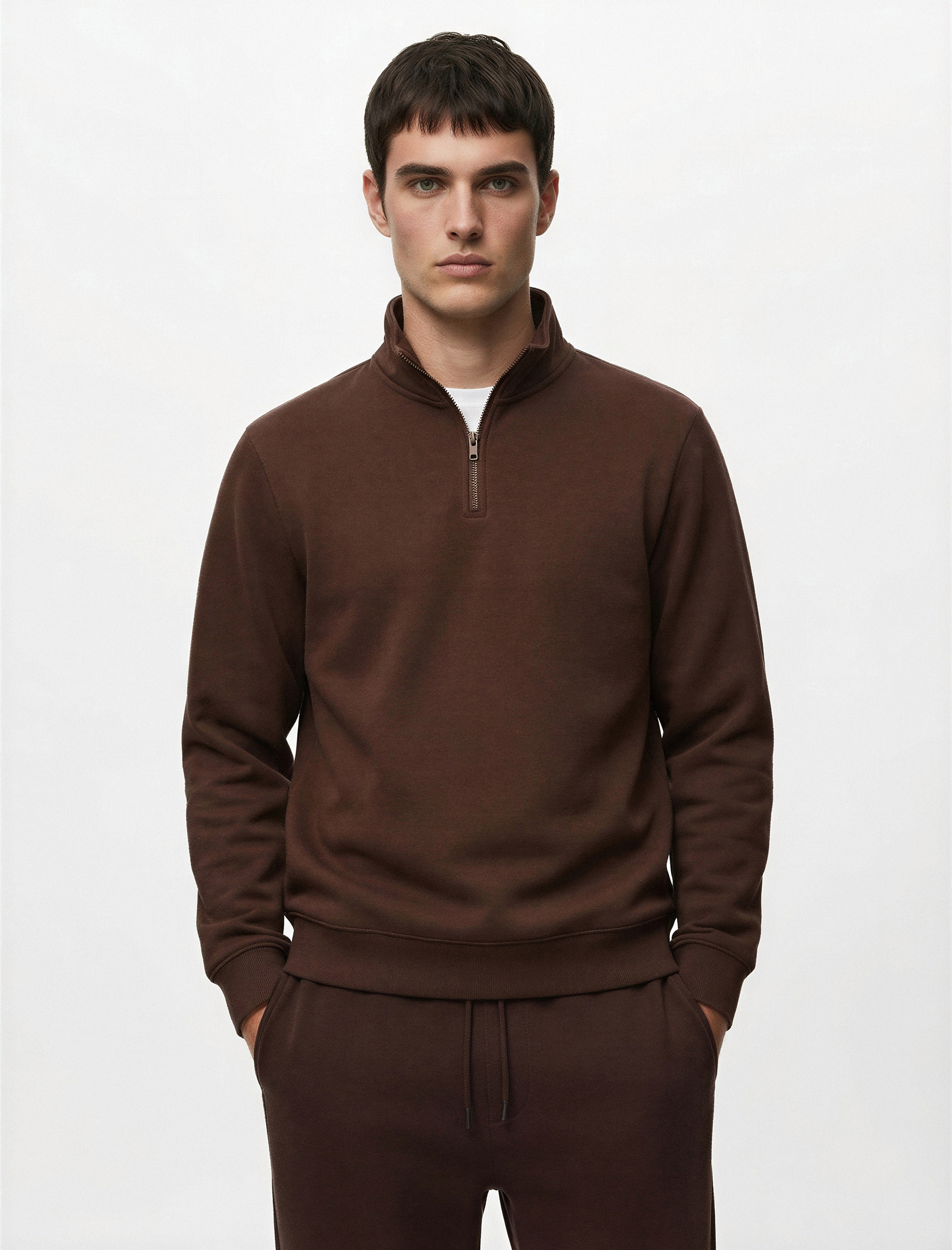   Pamuklu Uzun Kollu Yarım Fermuarlı Dik Yaka Sweatshirt