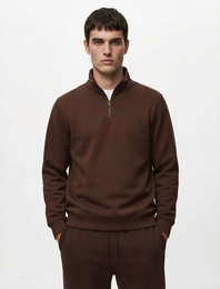 Pamuklu Uzun Kollu Yarım Fermuarlı Dik Yaka Sweatshirt