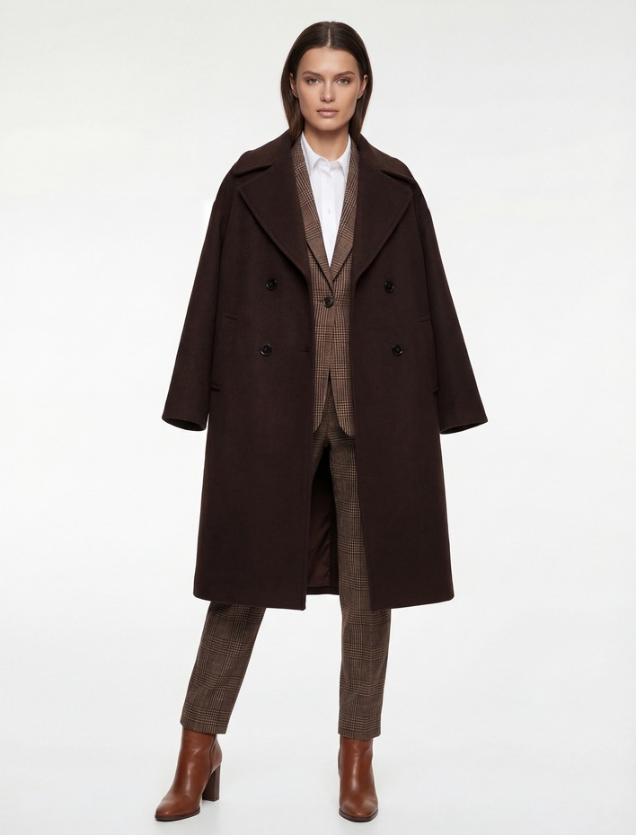  Cepli Uzun Kollu Düğmeli Kruvaze Uzun Kaşe Kaban