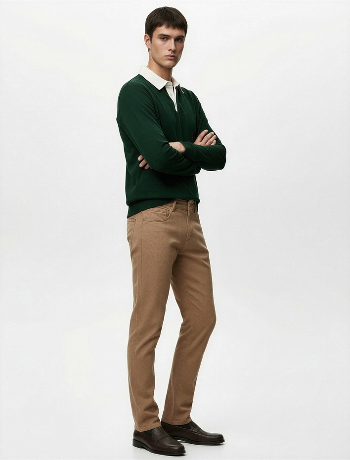  Pamuklu Düz Paça Düğmeli Cepli Chino Pantolon