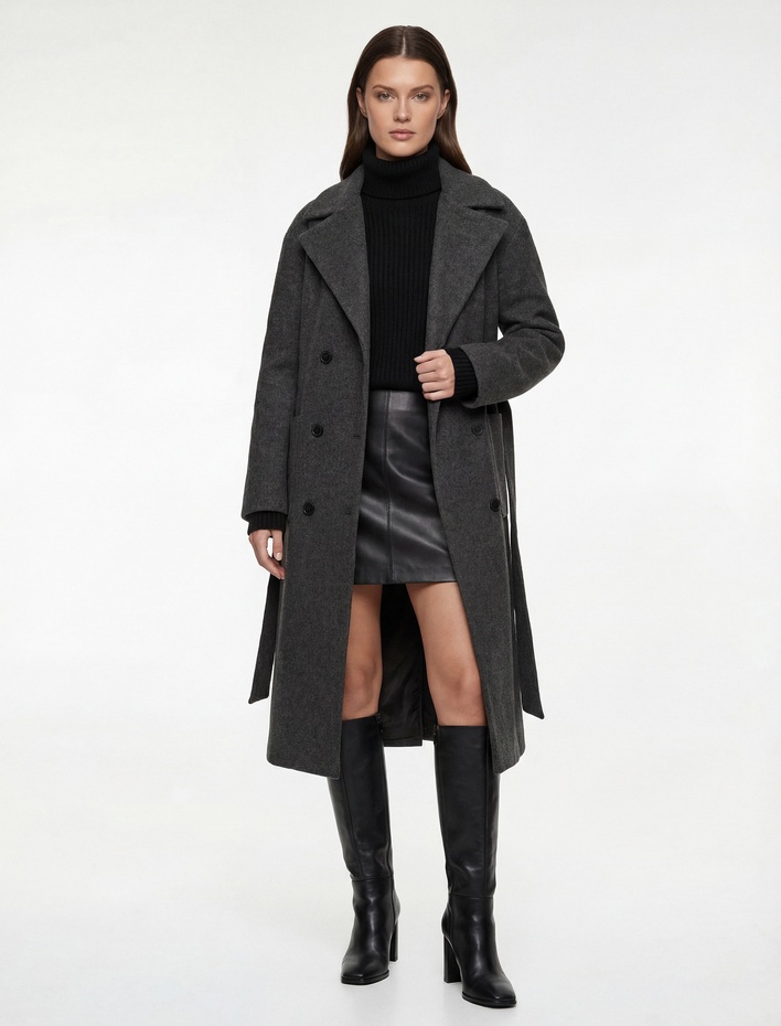  Uzun Kollu Cepli Kemerli Düğmeli Uzun Kaşe Kaban