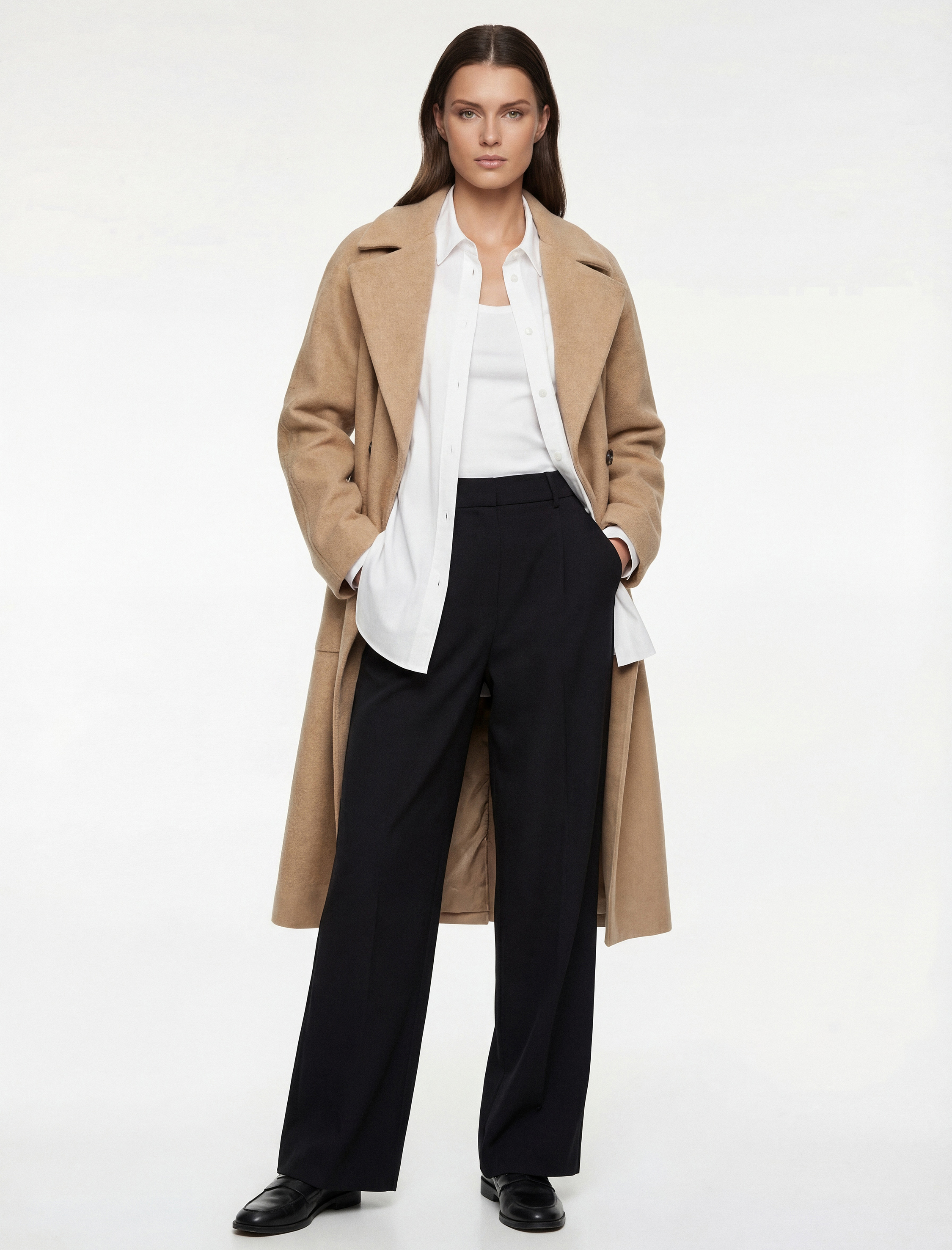   Uzun Kollu Cepli Kemerli Kruvaze Uzun Kaşe Kaban