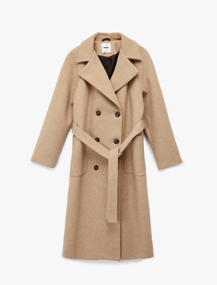  Uzun Kollu Cepli Kemerli Kruvaze Uzun Kaşe Kaban