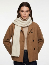 Uzun Kollu Dik Yaka Düğmeli Kruvaze Kaşe Ceket