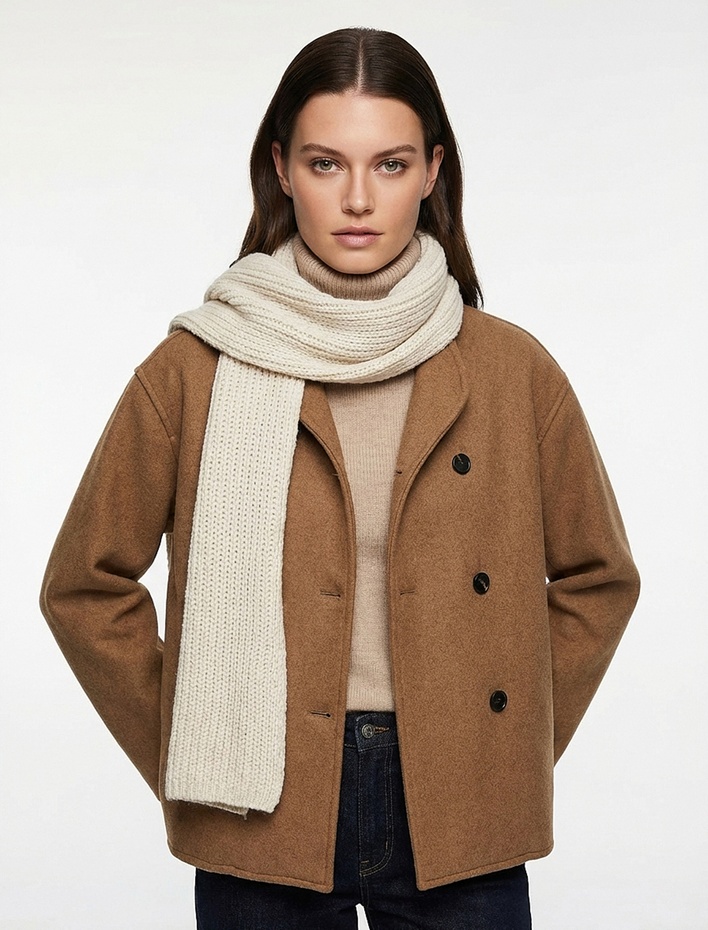  Uzun Kollu Dik Yaka Düğmeli Kruvaze Kaşe Ceket