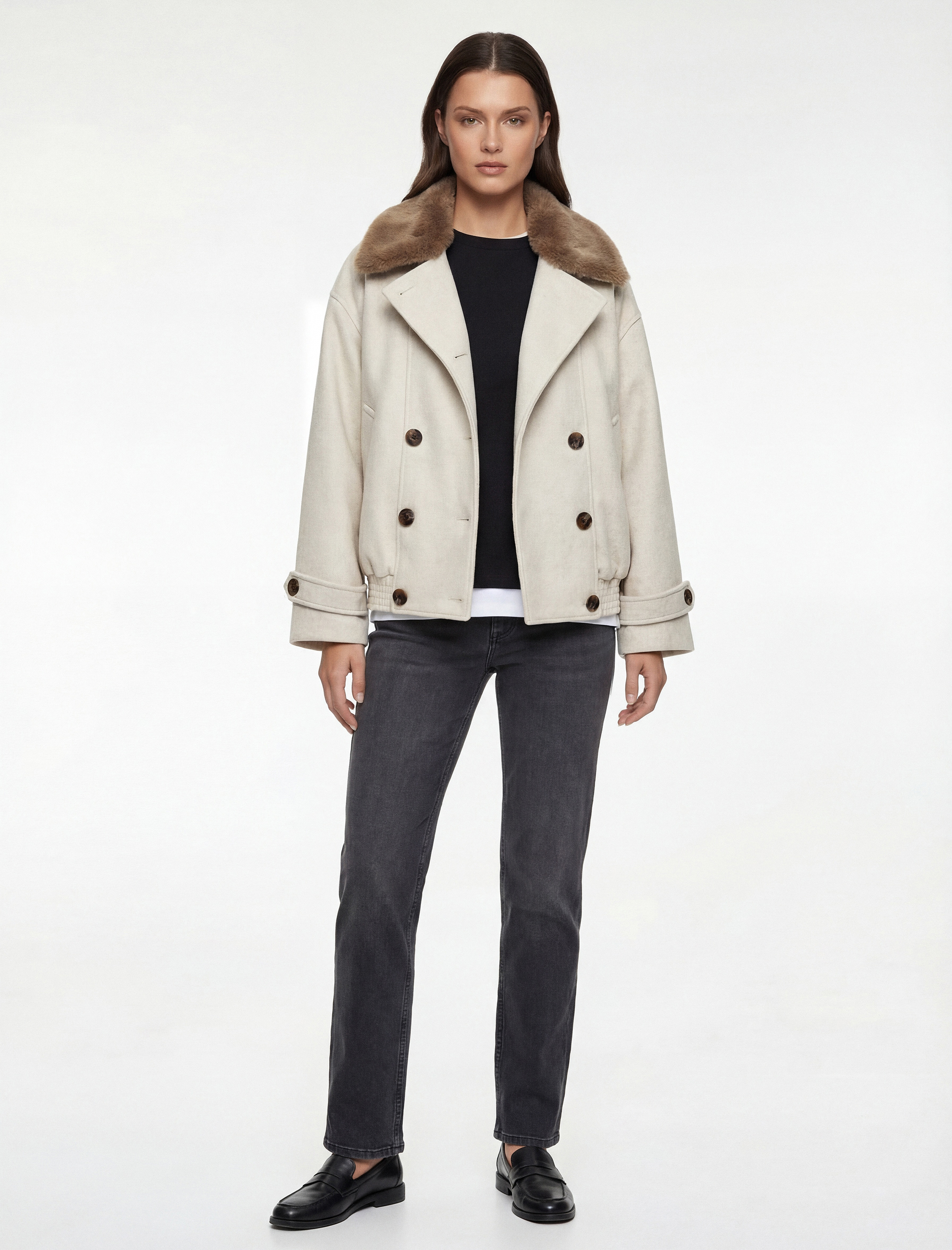   Çıkarılabilir Suni Kürk Yaka Kısa Kaşe Mont Düğmeli Cepli Uzun Kollu