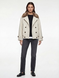 Çıkarılabilir Suni Kürk Yaka Kısa Kaşe Mont Düğmeli Cepli Uzun Kollu