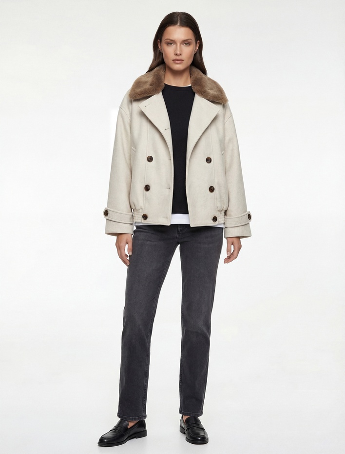  Çıkarılabilir Suni Kürk Yaka Kısa Kaşe Mont Düğmeli Cepli Uzun Kollu